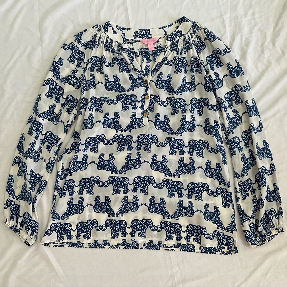 Lilly Pulitzer Elsa silk blouse in Check Your Trunk print